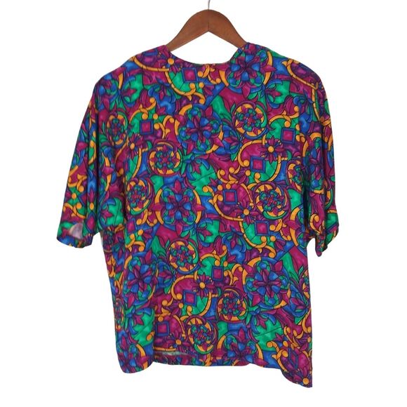 Vintage Colorful Abstract Floral Print Short Sleeve Blouse Stain Glass Sz Medium - Picture 1 of 4